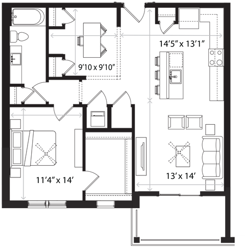 Floor plan for 1 bed, 1 bath, 1054 sqft